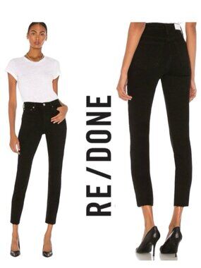 NEW Re/Done Originals High Rise Ankle Crop Jeans Black Raw Frayed Hem denim 24